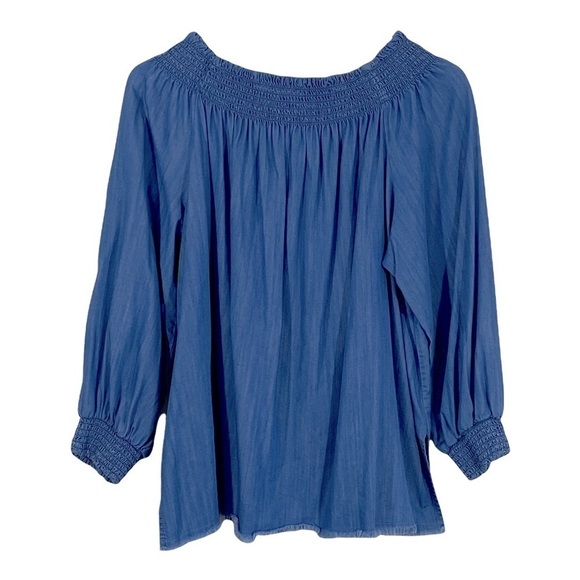 DO + BE - CHAMBRAY OFF THE SHOULDER TOP - DARK WASH - TENCEL/COTTON BLEND B19 - Picture 1 of 11